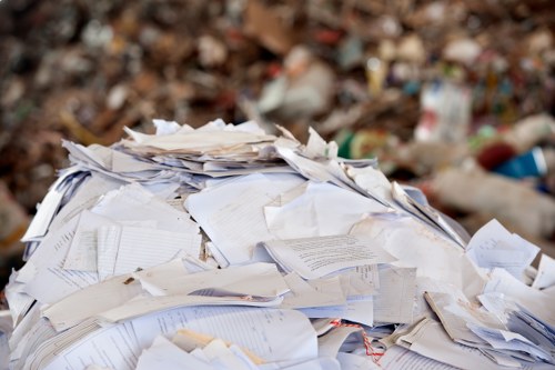 A large pile of discarded paper documents, including sheets of white and slightly yellowed paper, some torn or crumpled, is accumulated outdoors atop a surface, with a background of blurred fallen leaves and debris. The papers appear to be a mixture of forms, reports, and notes, and are stacked loosely with some sheets protruding at odd angles. The environment suggests an open area, possibly a garden or driveway, where waste has been gathered for removal, consistent with the services offered by Garden Clearance Redbridge. Natural lighting illuminates the clutter, highlighting the texture and wear of the paper materials, underscoring the importance of professional rubbish removal to properly clear such waste from residential or commercial outdoor spaces in Redbridge or nearby areas.